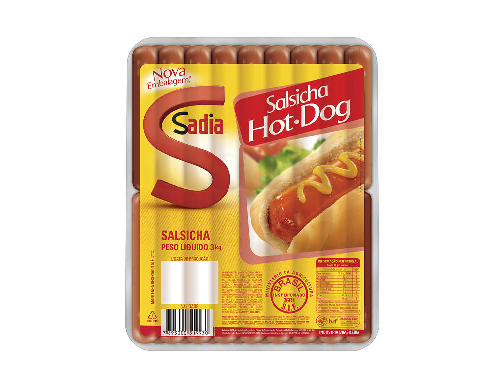 SALSICHA CONGELADA HOT DOG SADIA 3 KG (CX 4 PCT)